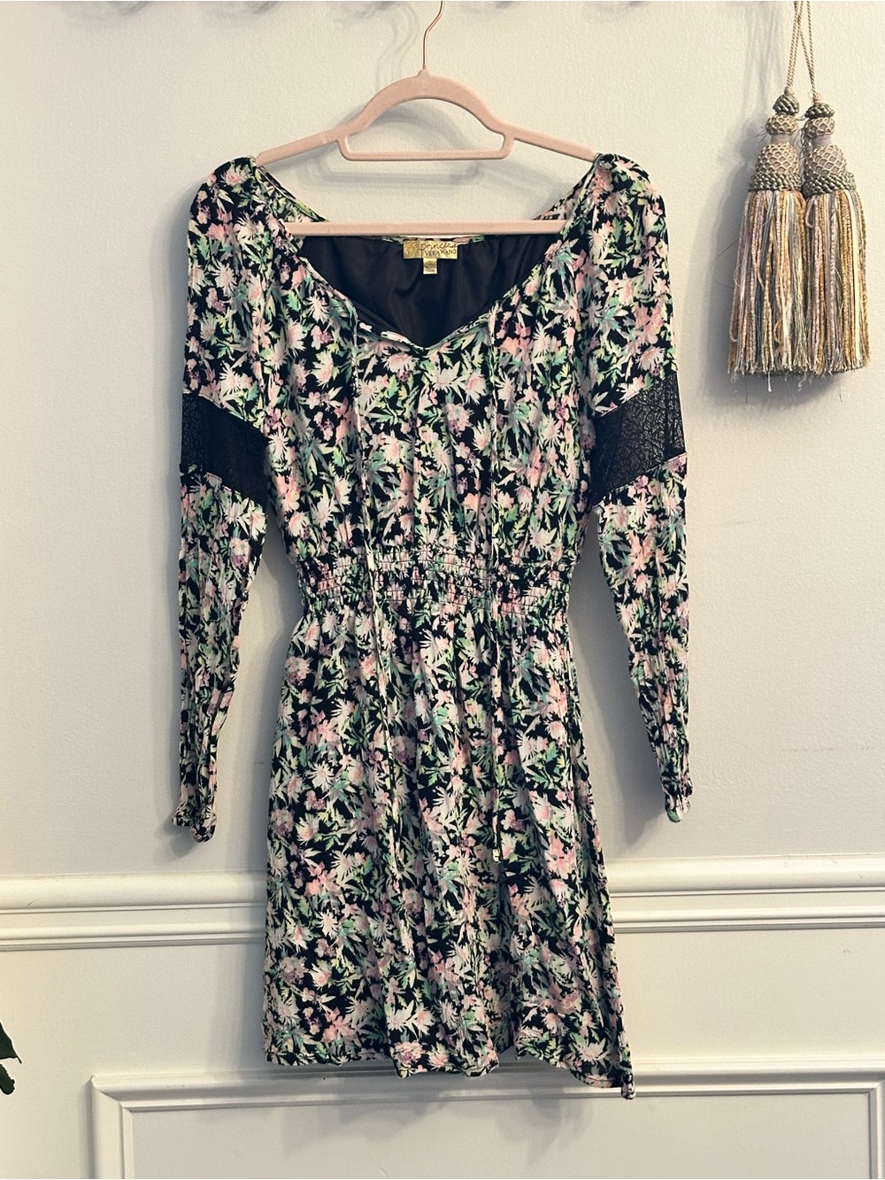 Vera Wang Black Floral Long-Sleeve Mini Dress with Pink and Green Blooms